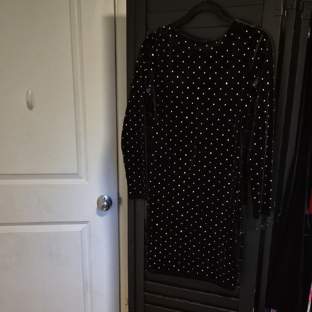 H&M Black Velvet Long-Sleeve Dress with White Polka Dots